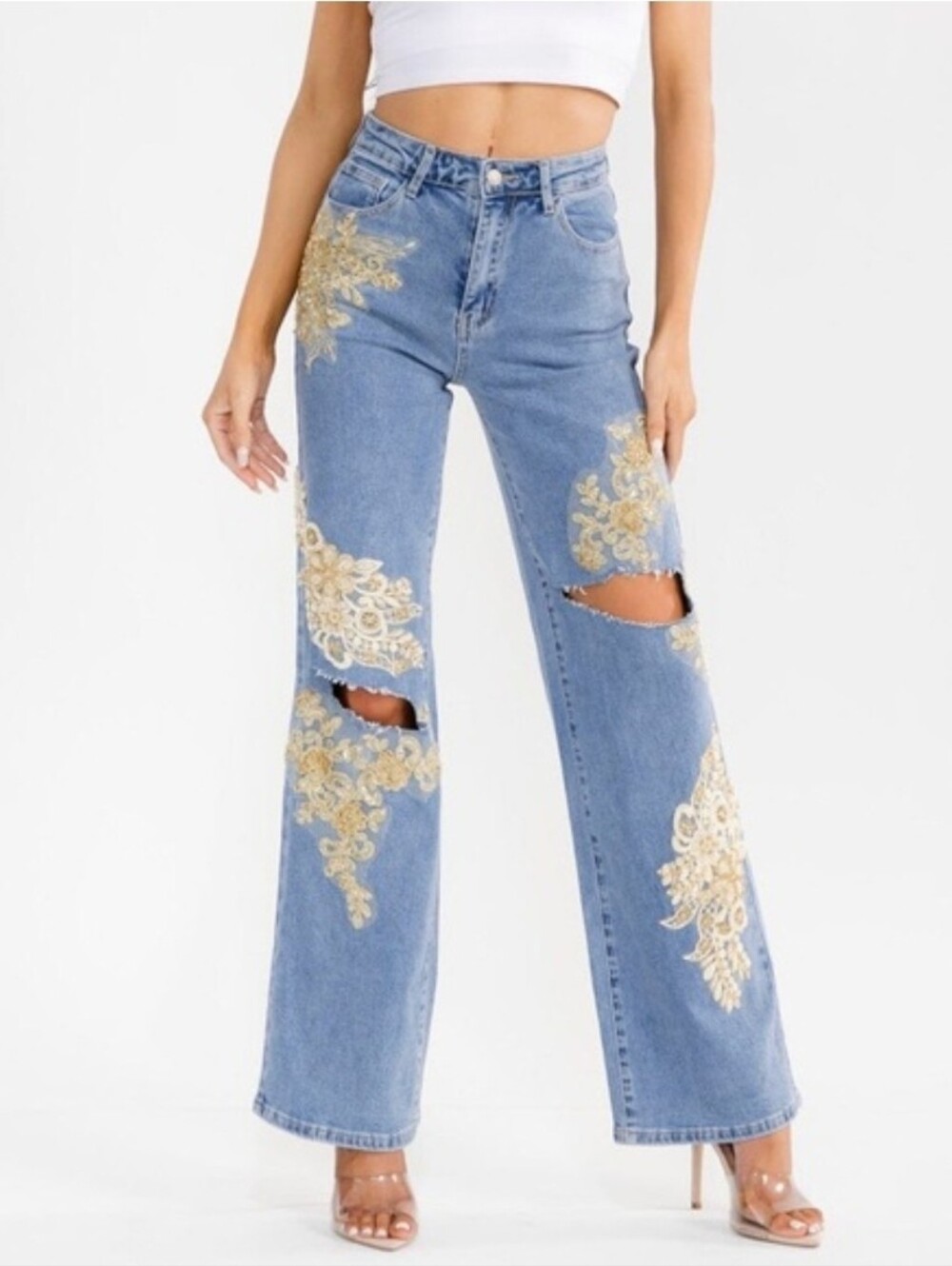 Embellished Light Blue High-Waist Wide-Leg Stretchy Jeans Size Small - Picture 4 of 13